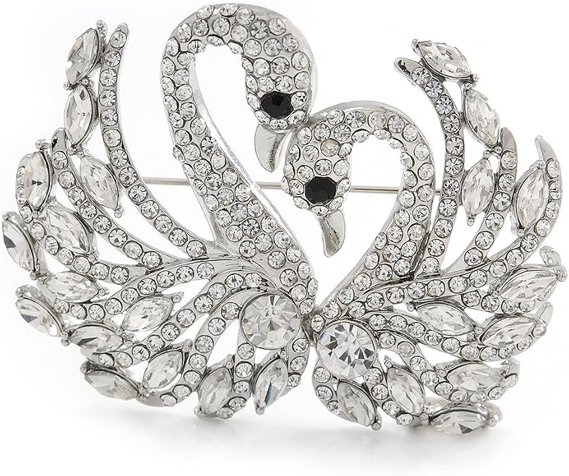 Clear Austrian Crystal Two Swans Brooch In Rhodium Plating - 60mm
