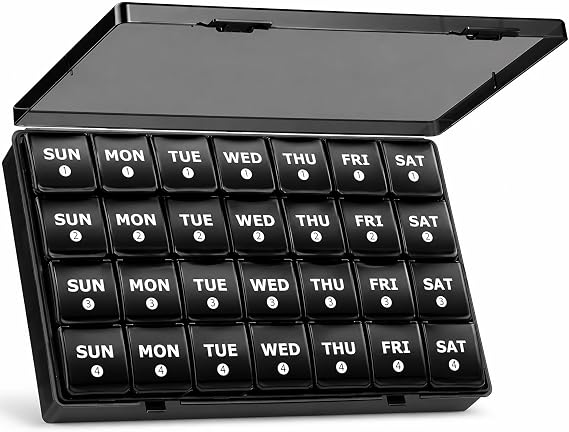 Yaklim Monthly Pill Box Organiser: Large Monthly Pill Organiser 4 Week Daily Pill Container with Dust-Proof Tablet Case - 28 Day Travel Medicine Dosette Box XL Copartments Vitamin Holder (Black)