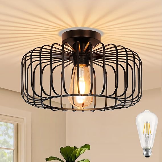 Black Modern Chandeliers Ceiling Lights with Bulb,Metal Cage Light Fixtures with E27 Base for Living Room,Kitchen,Dining Room,Bedroom,Farmhouse [Energy Class A]