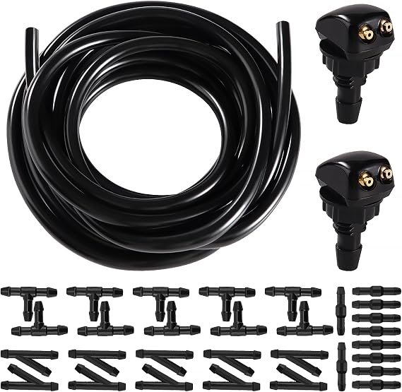 Rubber Universal Windscreen Hose Kit, Universal Car Windshield Washer Hose Kit, 3m Windscreen Washer Pipe, and 2 PCS Front Windshield Washer Nozzles and 30 PCS Hose Connector