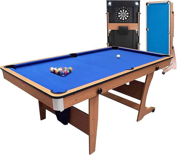 BCE 6ft Folding Pool Table with Dartboard - Including Set of Spots & Stripes Pool Balls and 2 x 48" cues & Soft Tip Darts & Darboard