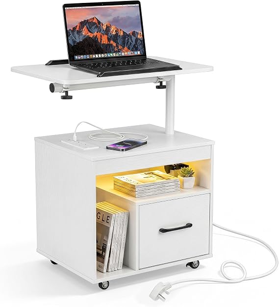 COSTWAY LED Bedside Table with Charging Station, Mobile Nightstand on Wheels with Flip & Rotating Top, Drawer and Storage Shelf, Bedside Cabinet End Sofa Side Table for Living Room Bedroom (1, White)