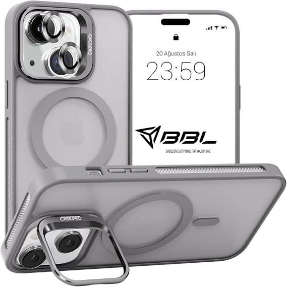 Babilden iPhone için Kılıf Kamera Korumalı Magsafe Wireless Şarj Özellikli Mat Şeffaf Renkli Standlı Kılıf (Lens Hediyeli) (Gri, iPhone 15)