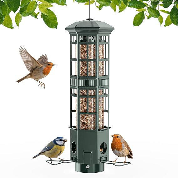 Squirrel Proof Bird Feeder for Outdoors, Chew-Proof & Weather Resistant, 3 Port, Gravity Spring Hanging Metal Bird Feeder, 3LB Large Capacity, Attract Wild Birds, Green