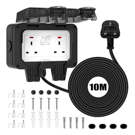 Double Outdoor Socket Waterproof 10M Extension Lead, IP66 13A 2 Gang