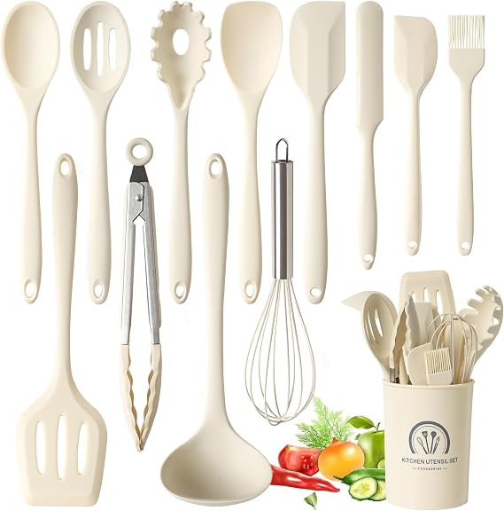 13 Pieces Silicone Kitchen Utensils Set, Heat Resistance and Non-Stick, BPA Free, with Utensil Storage Bin