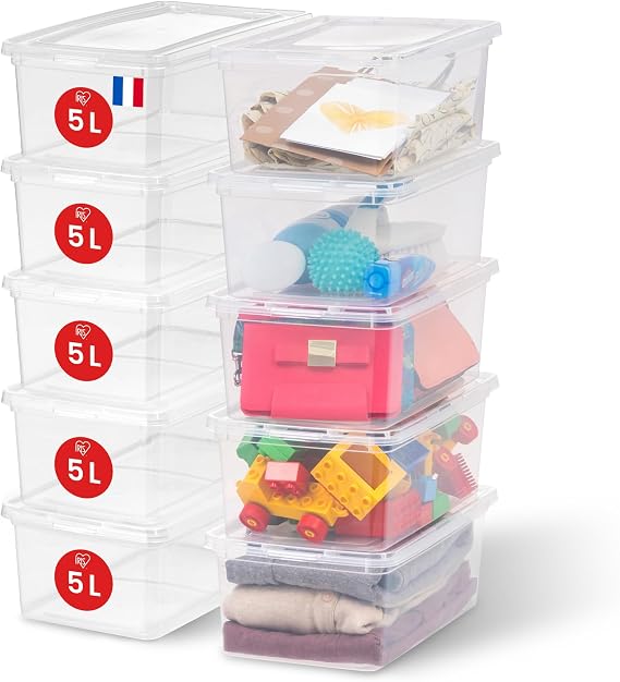 Iris Ohyama, Storage Boxes with Lids, Plastic Storage Box with Lid, Stackable, 5L/10Pack, BPA Free, Clear, W32.7 x D19.1 x H11.4cm, CNL-5