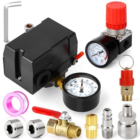 MEANLIN MEASURE Air Compressor Pressure Switch Control Valve 135-175 PSI 110V-240V 4-way Replacement Parts With 0-180 Psi Air Compressor Regulator and Safety Pressure Relief Valve