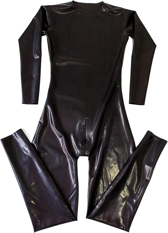 Handmade Black Men's Neck Entry Latex Catsuit with Crotch Zipper Rubber Gummi Bodysuit