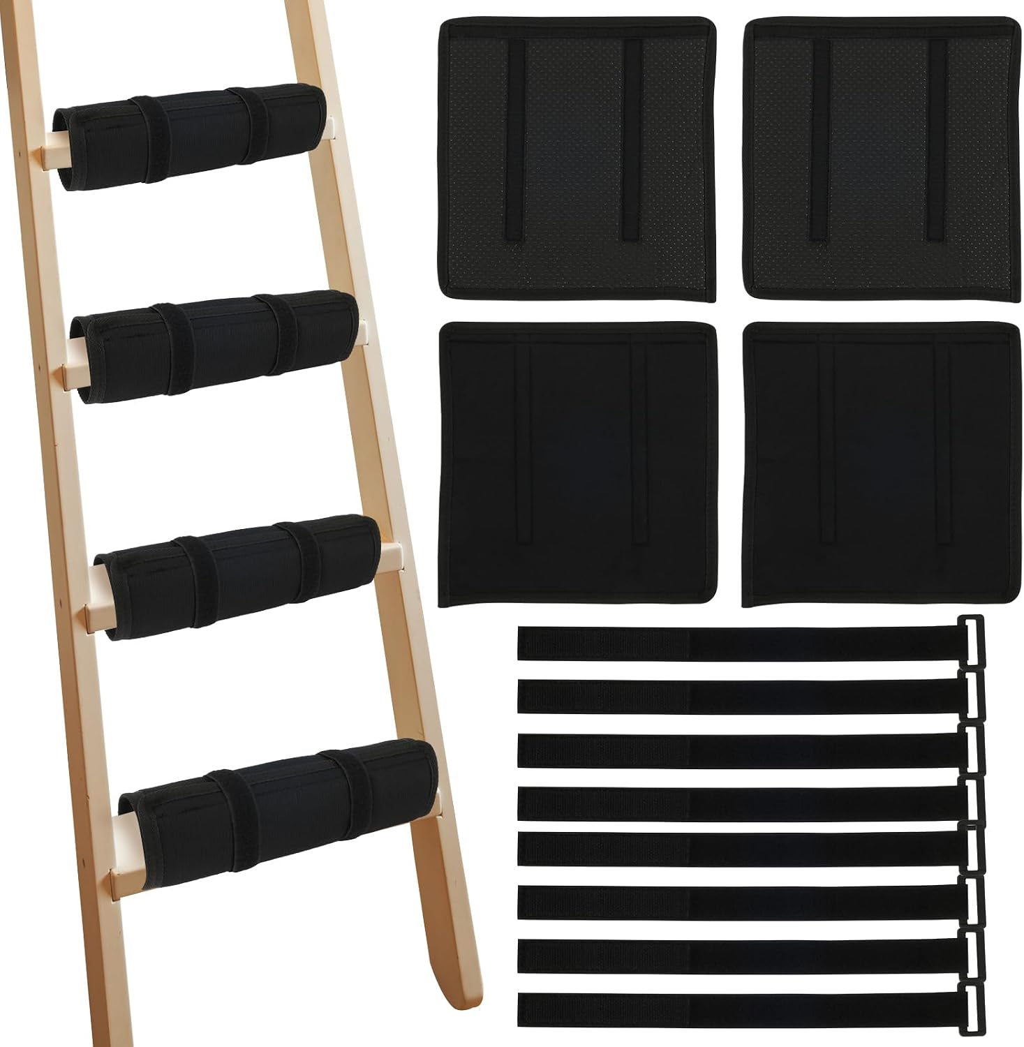 4Pcs Bunk Bed Ladder Pad, Safe Anti-Slip Ladder Protector Pads with 8 Adjustable Hook and Loop Strap, Soft Comfortable Brushed Cloth Cover for Stair Steps, 25×25cm, Ladder Not Included