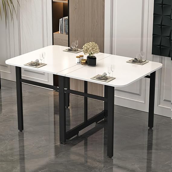 Solid Wood Folding Dining Table, Ultra Thin Table for Small Spaces, Multifunction Expandable Table for Kitchen, Bedroom, Living Room (Color : White+Black, Size : 140cm/55.1in)
