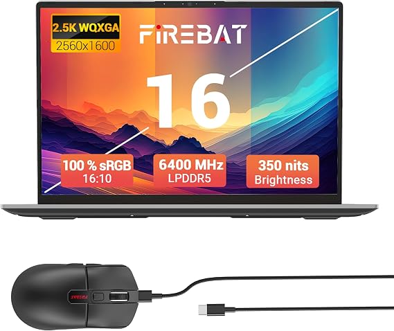 FIREBAT Laptop, 16 Inch 2560×1600 QHD, AMD Ryzen 5 6600H, Radeon 660M Graphics Card, DDR5 RAM, PCIe SSD, for Students/Individual/Professional - Grey【U6B】