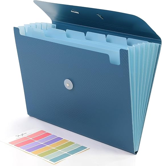 SKYDUE A4 Document Folder 7 Compartments Elastic Rubber Document Folder Organizer for Office School Home (Blue)