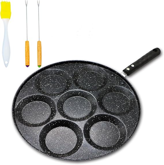 7 Holes Pancake Pan, Non Stick Pancake Maker Egg Frying Pan,Pancake Mould with Turn Sticks and Brush, Induction Baking Tray for Pancake, Crepe, Egg