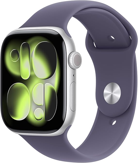 Apple Watch Series 11 GPS 46mm Smartwatch with Silver Aluminium Case with Purple Fog Sport Band M/L. Sleep Score, Fitness Tracker, Health Monitoring, Always-On Display, Water Resistant