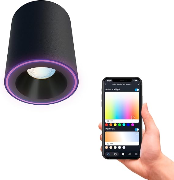 CALEX - Smart LED Surface Mounted Spot Black, WiFi Ceiling Light, CCT 2700-6500K + RGB, App and Works with Amazon Alexa and Google Home, Dimmable, 6.5W [Energy Class G]