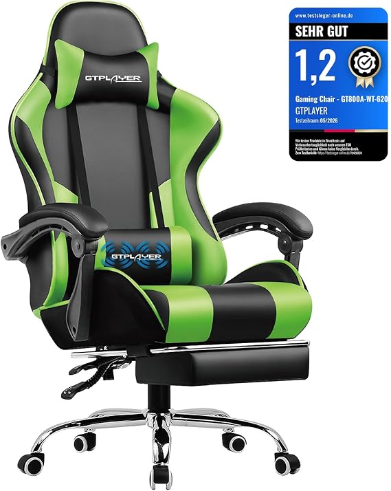 GTPLAYER Office Chair Gaming Chair Massage Gaming Chair Ergonomic Gamer Chair with Footrest Headrest Massage Lumbar Cushion Padded Gaming Chair Swivel Chair Faux Leather Sage Green