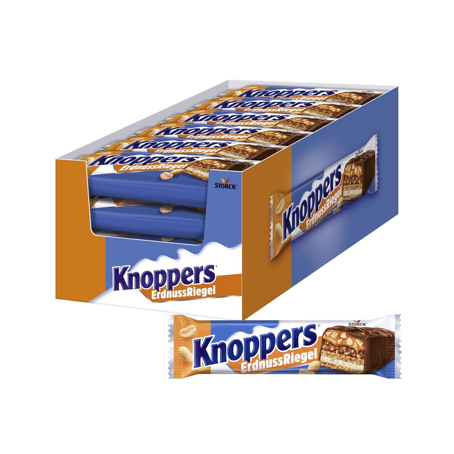 knoppers peanut bars - 24 x 40g - waffle bar with milk cream peanut cream salted chopped peanuts and delicate caramel wrapped in milk chocolate