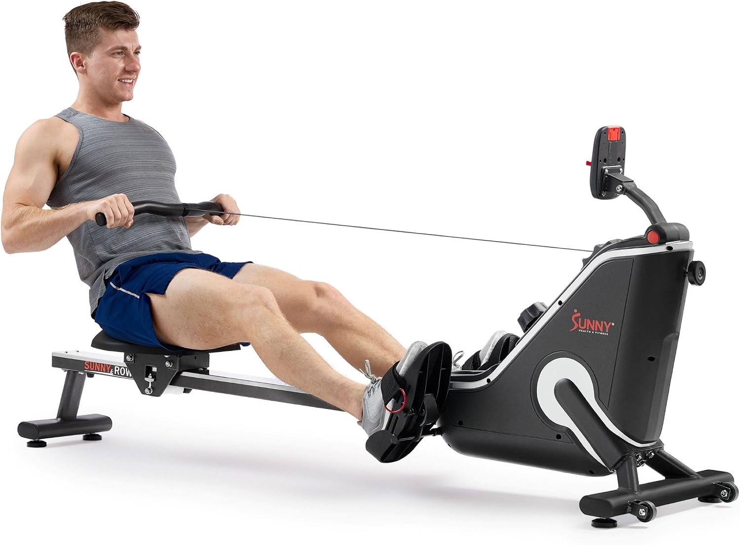 Sunny Health & Fitness Magnetic Rowing Machine for Home Gym, Compact Rower with Ultra-Quiet Extended Rail, 16-Level Adjustable Resistance & Free SunnyFit App