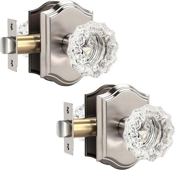 KNOBWELL Octagonal Crystal Door Knobs Interior, Glass Door Lock in Satin Nickel, Passage Door Locksets for Hallways and Closet, Zinc Alloy, 2 Pack