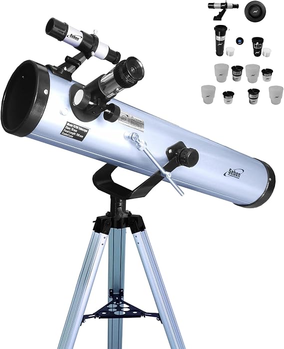 Seben 76/700 AZ astronomical reflector telescope including aluminium tripod, large eyepiece filter set