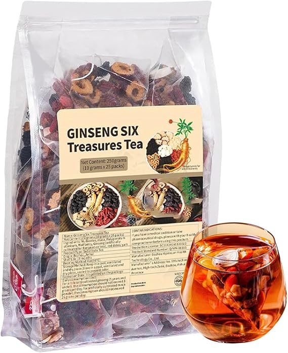 Ginseng Six Treasure Tea, Kidney Tea Formula Ginseng Six Treasure Teas for Daily Wellness, Mulberry, Goji Berry, Red Date | 30 Tea Bags for Men & Women (1 Pack)