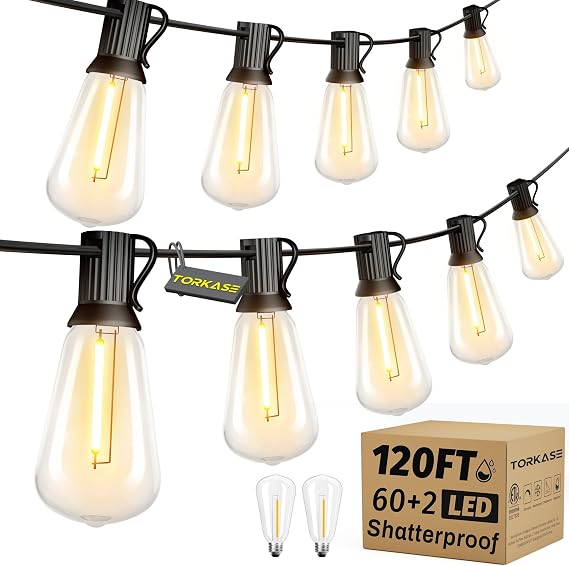 Torkase Outdoor String Lights Mains Powered,120FT/36M Garden Festoon Lights with 62 Shatterproof ST38 Plastic LED Edison Bulbs Waterproof for Outside Patio Pergola Gazebo Décor Wedding Cafe [Energy Class E]