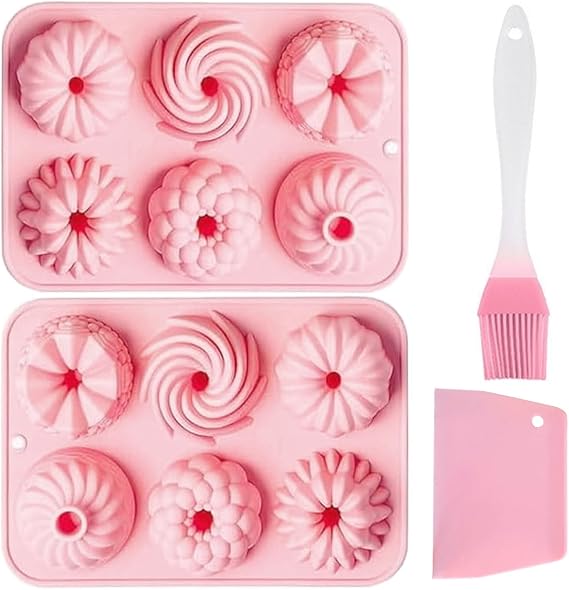 2 Pcs Mini Ring Cake Tin 6 Cavity Silicone Baking Pan Fluted Round Cake Pan Silicone Baking Mould Donut Molds Nonstick for Donut Muffin Cupcake（Pink）