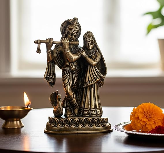 StonKraft Brass Marble Radha Krishna Radha (6" Brass)
