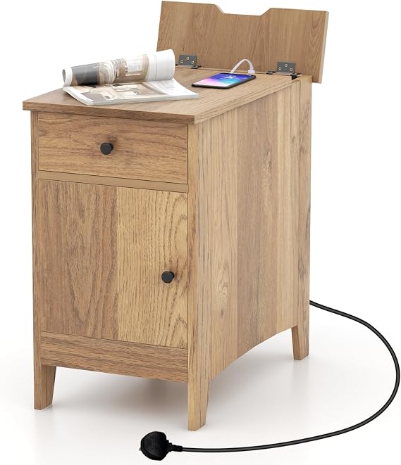 COSTWAY Slim Side Table with Charging Station, Narrow Bedside Table Nightstand with Drawer, Storage Cabinet and Magazine Rack, Flip Top Sofa End Table for Small Space, Living Room, Bedroom (Natural)