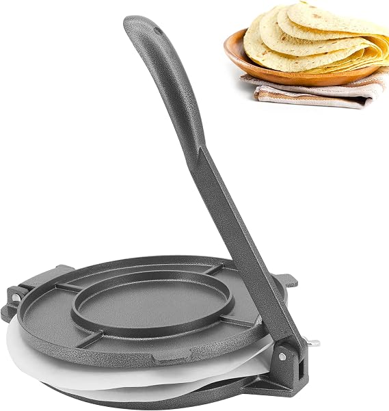 Tortilla Press,8 Inch Aluminium Tortilla Press,Pre-Seasoned Tortilla Maker with 100 Pcs Non Stick Greaseproof Baking Paper,Tool to Making Tortilla,Chapati,Roti (Black)