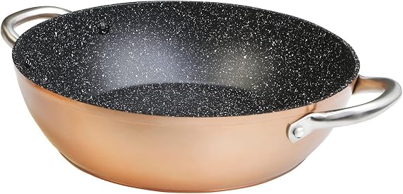 WECOOK! Professional Low Induction Casserole Dish 28 cm, Non-Stick PFOA Free, Forged Aluminum, Copper Colour, 0.3 cm Thick, Stainless Steel Handles, Ceramic Glass, Gas, Oven