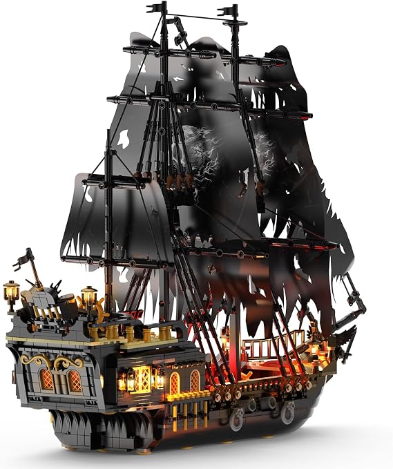 Pirate Ship Building Set with LED Light, Black Pearl Ship Toy Building Set, Sailboat Model Home Decor, Easter Christmas Birthday Gift for Adults Boys Girls 14+（1713 Pieces）