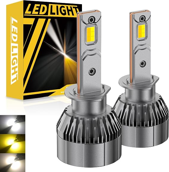 H1 LED Headlight Bulb, 2PCS Newt Upgrade Tri-color (6500K 4300K 3000K) H1 Headlight Bulb Canbus Error Free 12-24V 120W LED High/Low Beam Kit 800% Brightness Halogen Replacement