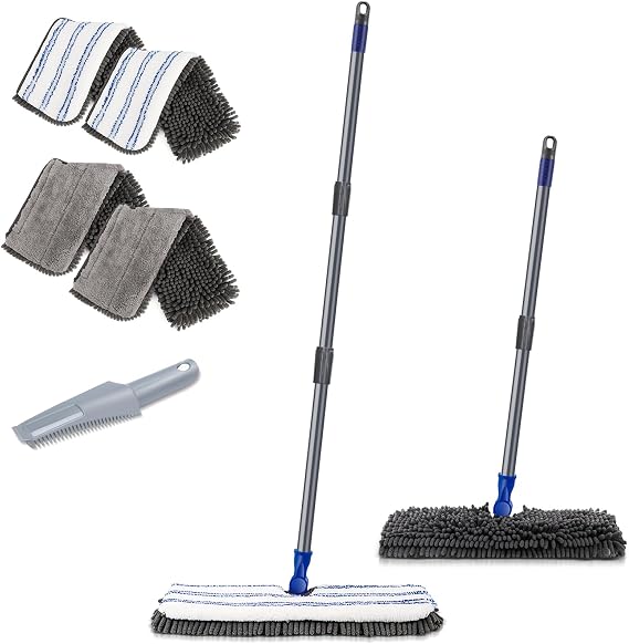 MASTERTOP Two Sided Dust Mop Floor Cleaning System - 360° Microfiber Mop, Wet & Dry Floor Cleaning Mop for Hardwood, Laminate, Vinyl, Tiles, 4 Washable Soft Refill Pads, 1 Cleaning Mop Head Brush