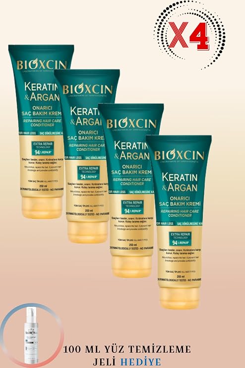 Bioxcin Keratin & Argan Onarıcı Saç Bakım Kremi 250 ml, 4 Adet Set + 100 ml Yüz Yıkama Jeli Hediye