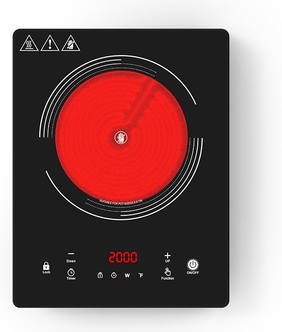GIHETKUT Single Burner Electric Hob,220V 2000W Electric Hob with LED Touch Control,10 Power Levels, 4H Timer, Safety Lock, portable hob Overheat protection