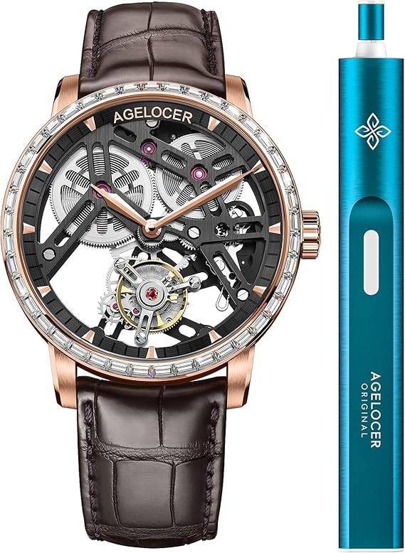 Agelocer Men's Top Brand Double-Sided Hollow Tourbillon Hand-Operated Mechanical Transparent Caseback Luxury Watch, YA:9001F2, Mechanical