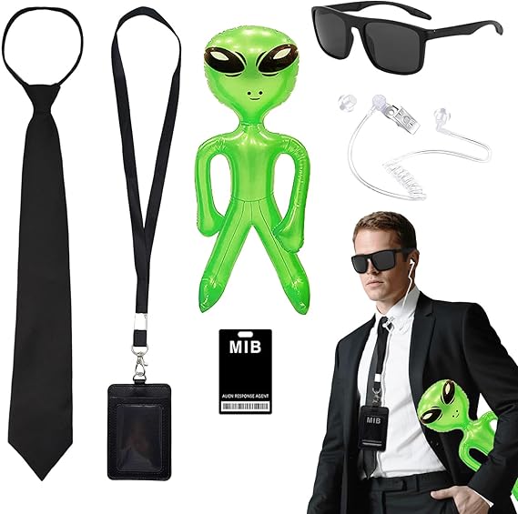 FUIPVGI 7 Pack Agent Costume Accessories Set,Secret Service Costume Spy Costume Accessories with Green Inflatable Aliens Sunglasses ID Card Tie Card Holder Fake Earpiece for Cosplay Party