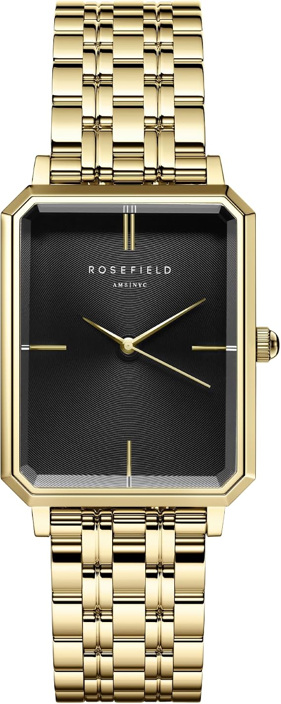 Rosefield Octagon Black Sunray Black Leather Gold with a Black Dial and a 23 x 29mm Gold Case OBSBG-O49 Leather