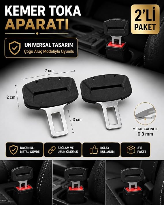 Araçlara Uyumlu Emniyet Kemer Tokası (SİYAH) Kalın Metal 2 Adet