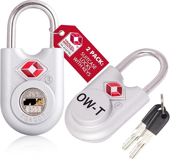OW-Travel Suitcase Locks with Keys, TSA Approved Luggage Padlocks, Silver 2