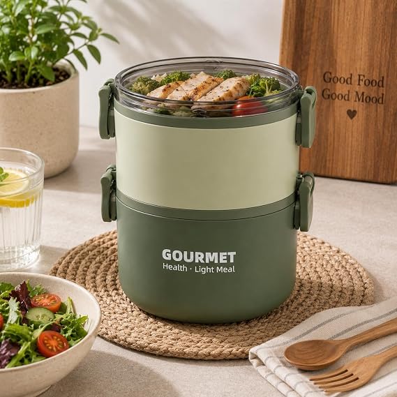 2 Katlı Yemek Termosu, Sızdırmaz Beslenme Kabı, Bölmeli Yemek Saklama Kabı, Yeşil Taşınabilir Lunch Box Yuvarlak