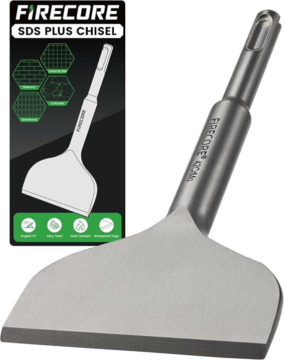 SDS Chisel Bits, Firecore SDS Plus Chisel 165mm x 75mm, 42CrMo Special Steel, SDS Bent Tile Chisel for SDS Plus Hammer, Tile Remover Tool - FS22365