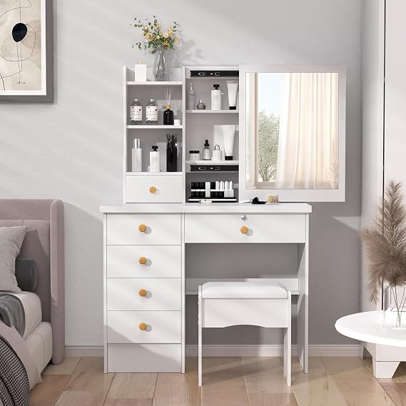 Dressing Table with 6 Drawers, Vanity Desk with Mirror, Storage Shelves and Stool, Makeup Desk for Bedroom, Modern Makeup Table with Mirror and Chair, White