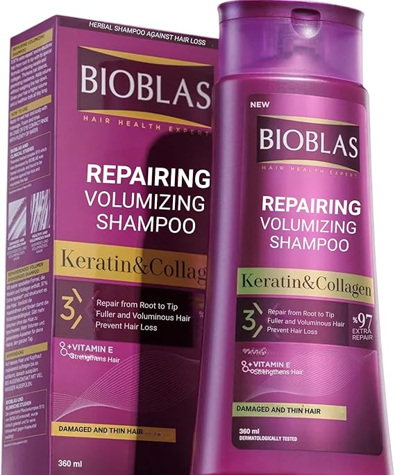 Bioblas Kolajen & Keratin Şampuan – Saç Dökülmesine Karşı, Onarıcı ve Dolgunlaştırıcı Etki, Bitkisel Kompleks B19, 360 ml