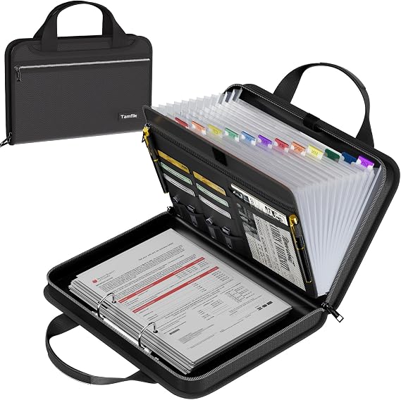 Tamfile Fireproof Ring Binder, 2 D-Ring A4 Binder with 13 Pockets, Black