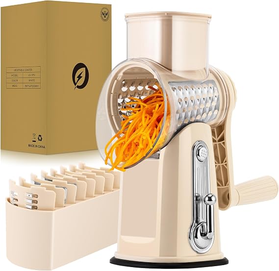 SUSTEAS Cheese Grater with Crank - Grater for Vegetables with 5 Drum Blades