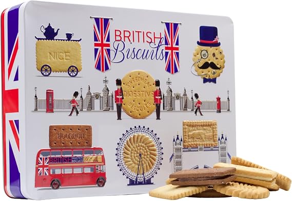 British Biscuits Gift Set - Novelty Large Biscuit Tin, Luxury Assorted Biscuit Selection Box Hamper, London Souvenirs Gifts, Keepsake Tins for Birthday, Thank you Teacher Biscuits, Men, Women, 350g