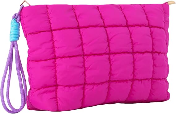 Black Puffer Quilted Makeup Bag for Women with Wrist Straps - 10" Roomy Puffy Cosmetic Pouch, Travel Toiletry Organizer Bag, HP-WS-BP, 10"L×2.2"W×6.5"H